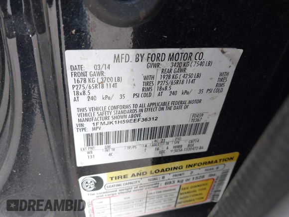 2014 Ford Expedition Max XLT с VIN 1FMJK1H59EEF36312, выставлен на аукционе IAAI как лот 42609292 с пробегом 165 783 миль миль и . История ставок и продаж доступна на DreamBid. Изображение 9.