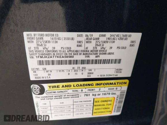 2019 Ford Expedition Max Limited with VIN 1FMJK2AT7KEA58580, listed as a IAAI auction lot 41902573 with 203,854 mi miles and . Bid and sale history available at DreamBid. Image 9.