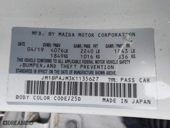 2019 Mazda Mazda3 Hatchback with VIN JM1BPAJM3K1135627, listed as a IAAI auction lot 41561810 with 30,558 mi miles. Bid and sale history available at carsss.com. Image 9.