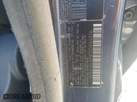 2002 BMW 7 Series 745i with VIN WBAGL63472DP60376, listed as a Copart auction lot 65286175 with 174,628 mi miles and Clean title. Bid and sale history available at DreamBid. Image 12.