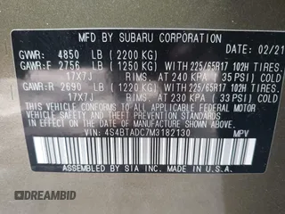 2021 Subaru Outback Premium с VIN 4S4BTADC7M3182130, выставлен на аукционе IAAI как лот 42254346 с пробегом 57 482 миль миль и . История ставок и продаж доступна на DreamBid. Изображение 9.