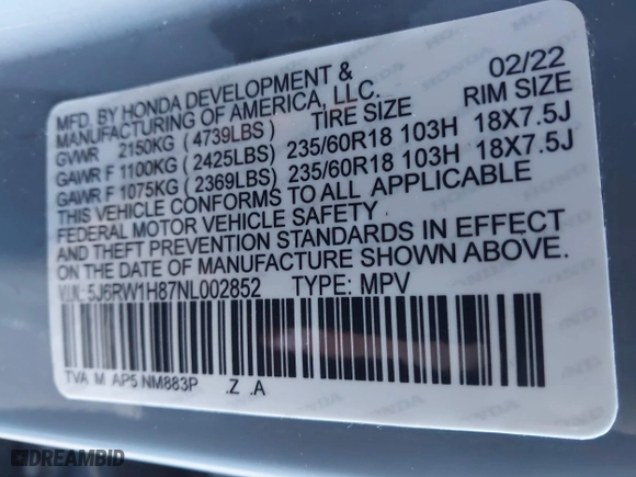 2021 Honda CR-V EX-L with VIN 5J6RW2H85MA010741, listed as a IAAI auction lot 41296406 with 17,309 mi miles. Bid and sale history available at carsss.com. Image 9.