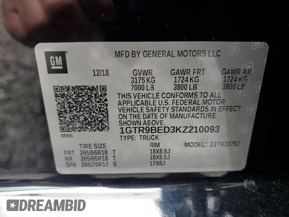 2019 GMC Sierra 1500 SLE z VIN 1GTR9BED3KZ210093, wystawiony jako Copart lot #57950595 z przebiegiem 53 968 mil mil oraz Szkoda całkowita • Salvage title. Historia ofert i sprzedaży dostępna na DreamBid. Obrazek 13.