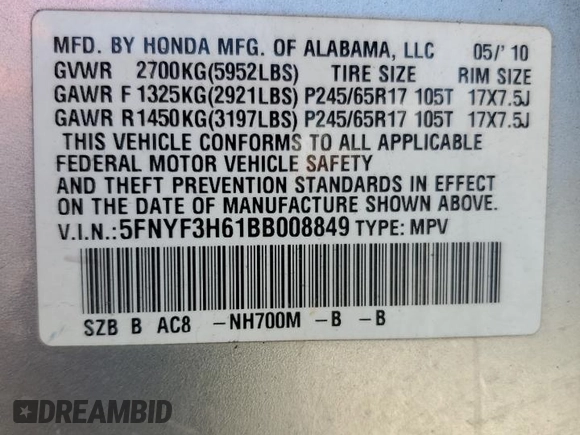 2011 Honda Pilot EX-L with VIN 5FNYF3H61BB008849, listed as a Copart auction lot 68986364 with 224,259 mi miles and Salvage Title. Bid and sale history available at carsss.com. Image 14.