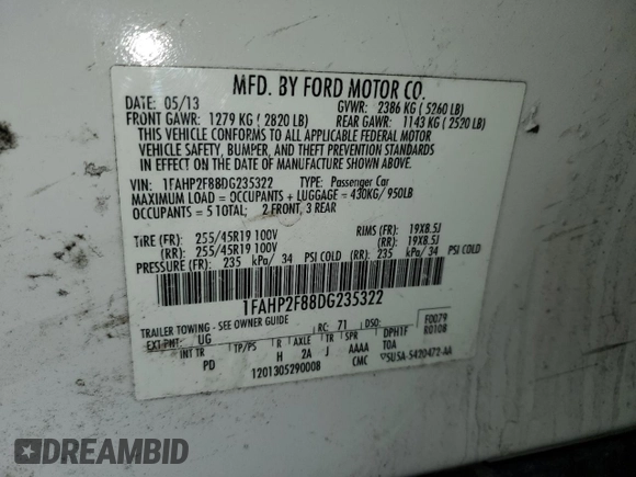 2013 Ford Taurus Limited with VIN 1FAHP2F88DG235322, listed as a Copart auction lot 42409645 with 209,881 mi miles and Non repairable. Bid and sale history available at DreamBid. Image 12.