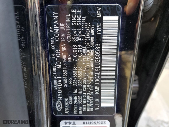2020 Hyundai Tucson SEL with VIN KM8J3CAL9LU280533, listed as a Copart auction lot 85268744 with 62,765 mi miles and Salvage Title. Bid and sale history available at carsss.com. Image 13.