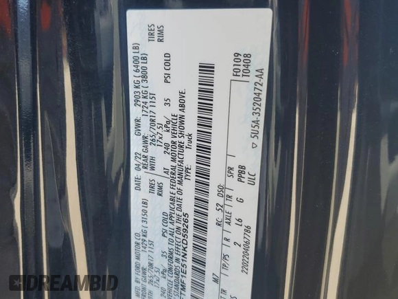 2022 Ford F-150 XL with VIN 1FTMF1E51NKD59265, listed as a Copart auction lot 77193424 with 38,590 mi miles and Salvage Title. Bid and sale history available at DreamBid. Image 12.