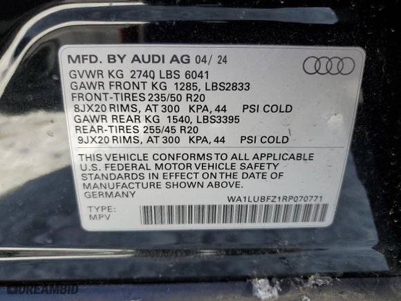 2024 Audi Q4 e-tron Premium Plus with VIN WA1LUBFZ1RP070771, listed as a Copart auction lot 46275665 with 1,644 mi miles and Salvage Title. Bid and sale history available at carsss.com. Image 14.