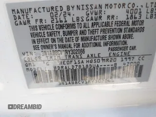 2024 Nissan Sentra SV with VIN 3N1AB8CV1RY302066, listed as a IAAI auction lot 42553617 with 38,596 mi miles and . Bid and sale history available at DreamBid. Image 9.