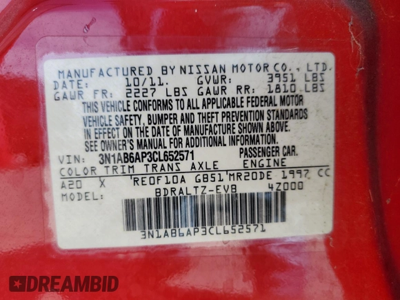 2012 Nissan Sentra SR with VIN 3N1AB6AP3CL652571, listed as a Copart auction lot 63545345 with 95,618 mi miles and Salvage title. Bid and sale history available at DreamBid. Image 12.