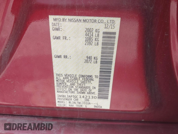 2016 Nissan Altima SL z VIN 1N4BL3AP3GC142130, wystawiony jako IAAI lot #42431687 z przebiegiem 120 986 mil mil oraz . Historia ofert i sprzedaży dostępna na DreamBid. Obrazek 9.