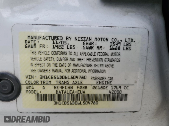 2006 Nissan Sentra S with VIN 3N1CB51D06L504780, listed as a Copart auction lot 51544815 with 156,032 mi miles and Salvage Title. Bid and sale history available at DreamBid. Image 13.
