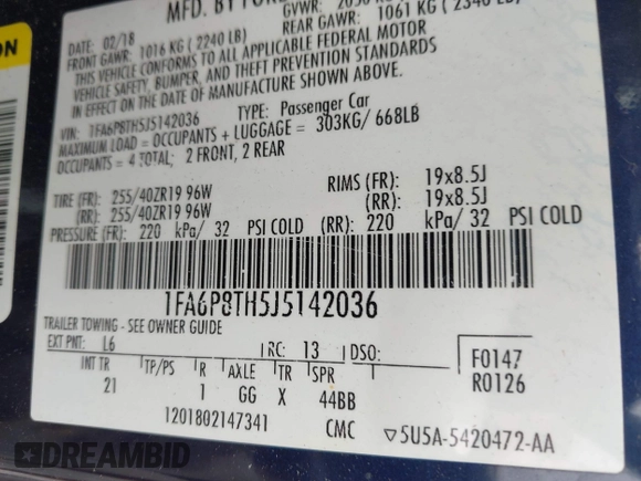 2018 Ford Mustang EcoBoost with VIN 1FA6P8TH5J5142036, listed as a IAAI auction lot 42322123 with 96,232 mi miles and . Bid and sale history available at DreamBid. Image 9.