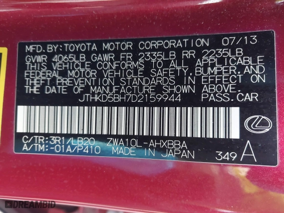 2013 Lexus CT 200h Hybrid with VIN JTHKD5BH7D2159944, listed as a IAAI auction lot 41791641 with 141,066 mi miles. Bid and sale history available at carsss.com. Image 9.