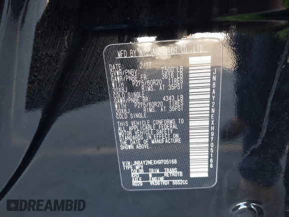 2017 Nissan Armada Platinum with VIN JN8AY2NEXH9705168, listed as a IAAI auction lot 42050793 with 124,907 mi miles. Bid and sale history available at carsss.com. Image 9.