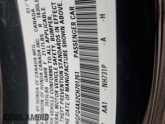 2012 Honda Civic Cpe Si with VIN 2HGFG4A52CH701261, listed as a Copart auction lot 68103234 with 105,686 mi miles and Salvage Title. Bid and sale history available at carsss.com. Image 13.