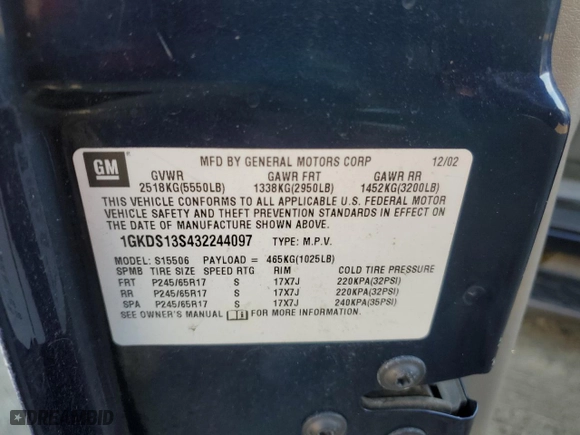 2003 GMC Envoy SLT with VIN 1GKDS13S432244097, listed as a Copart auction lot 88581635 with 121,473 mi miles and Salvage Title. Bid and sale history available at carsss.com. Image 13.