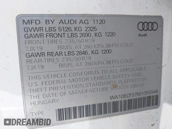 2021 Audi Q3 S line Premium with VIN WA1DECF37M1055948, listed as a IAAI auction lot 42141007 with 48,763 mi miles and . Bid and sale history available at DreamBid. Image 9.
