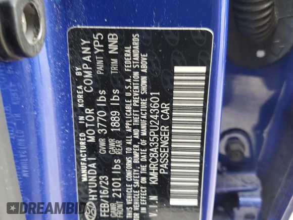 2023 Hyundai Venue Limited with VIN KMHRC8A35PU243601, listed as a Copart auction lot 55655755 with 21,571 mi miles and Clean Title. Bid and sale history available at DreamBid. Image 13.
