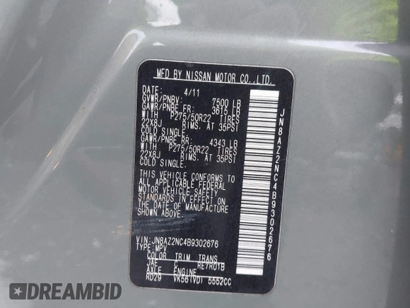 2011 Infiniti QX56 8-passenger с VIN JN8AZ2NC4B9302676, выставлен на аукционе IAAI как лот 41286126 с пробегом 210 229 миль миль и . История ставок и продаж доступна на DreamBid. Изображение 9.