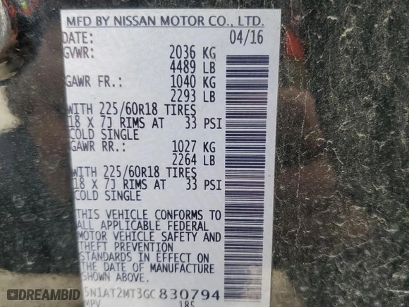 2016 Nissan Rogue SL with VIN 5N1AT2MT3GC830794, listed as a Copart auction lot 45038605 with 137,439 mi miles and Salvage Title. Bid and sale history available at carsss.com. Image 14.