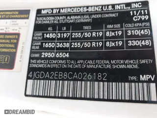 2012 Mercedes-Benz M-Class ML 350 BlueTEC with VIN 4JGDA2EB8CA026182, listed as a IAAI auction lot 41788702 with 97,651 mi miles. Bid and sale history available at carsss.com. Image 9.