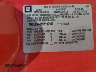2009 Chevrolet Silverado 1500 with VIN 1GCEC24J19Z192940, listed as a Copart auction lot 49600375 with 145,002 mi miles and Salvage Title. Bid and sale history available at DreamBid. Image 13.