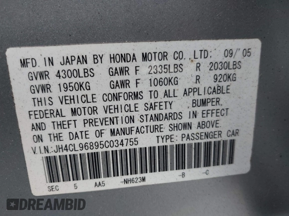 2005 Acura TSX с VIN JH4CL96895C034755, выставлен на аукционе IAAI как лот 42611349 с пробегом 329 264 миль миль и . История ставок и продаж доступна на DreamBid. Изображение 9.