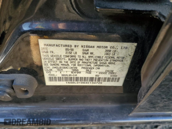 1999 Nissan Altima XE with VIN 1N4DL01D6XC134729, listed as a Copart auction lot 87204104 with 54,155 mi miles and Salvage Title. Bid and sale history available at carsss.com. Image 12.