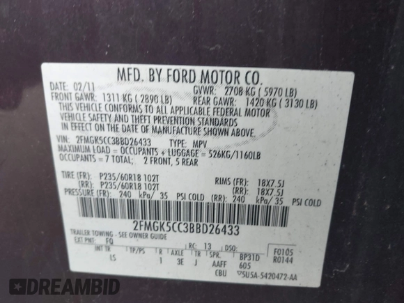 2011 Ford Flex SEL z VIN 2FMGK5CC3BBD26433, wystawiony jako IAAI lot #42329497 z przebiegiem 147 424 mil mil oraz . Historia ofert i sprzedaży dostępna na DreamBid. Obrazek 9.