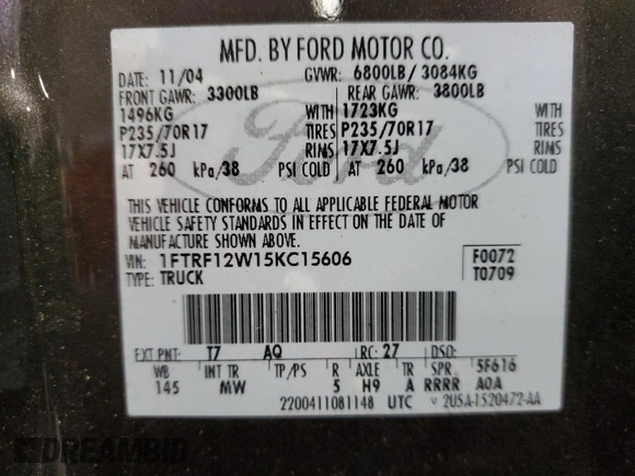 2005 Ford F-150 XL with VIN 1FTRF12W15KC15606, listed as a Copart auction lot 45539145 with 102,208 mi miles and Salvage Title. Bid and sale history available at carsss.com. Image 14.