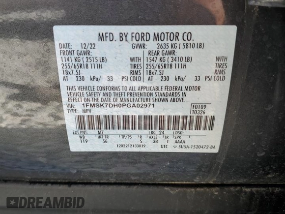 2023 Ford Explorer XLT z VIN 1FMSK7DH0PGA02971, wystawiony jako Copart lot #53623885 z przebiegiem 5 233 mil mil oraz Szkoda całkowita • Salvage title. Historia ofert i sprzedaży dostępna na DreamBid. Obrazek 14.