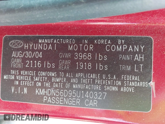 2005 Hyundai Elantra GLS z VIN KMHDN56D95U140327, wystawiony jako IAAI lot #42349707 z przebiegiem 145 621 mil mil oraz . Historia ofert i sprzedaży dostępna na DreamBid. Obrazek 9.