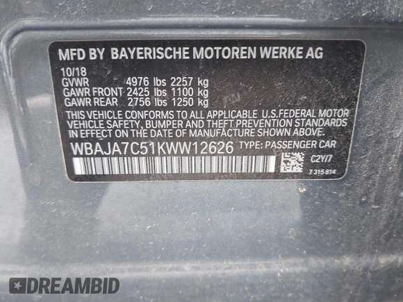 2019 BMW 5 Series 530i xDrive z VIN WBAJA7C51KWW12626, wystawiony jako IAAI lot #42335449 z przebiegiem 71 798 mil mil oraz . Historia ofert i sprzedaży dostępna na DreamBid. Obrazek 9.