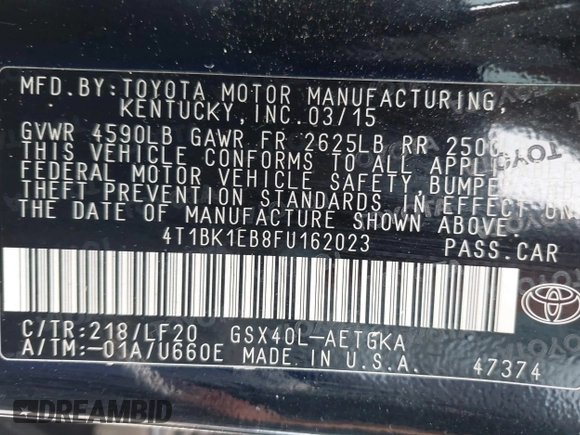 2015 Toyota Avalon Limited with VIN 4T1BK1EB8FU162023, listed as a IAAI auction lot 41706797 with 243,810 mi miles and . Bid and sale history available at DreamBid. Image 9.