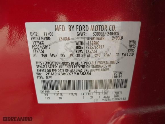 2007 Ford Edge SEL with VIN 2FMDK38CX7BA35354, listed as a IAAI auction lot 41896699 with 189,340 mi miles. Bid and sale history available at carsss.com. Image 9.
