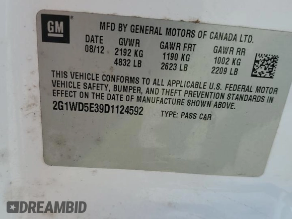 2013 Chevrolet Impala Police z VIN 2G1WD5E39D1124592, wystawiony jako Copart lot #44036955 z przebiegiem Nie podano mil oraz Szkoda całkowita • Salvage title. Historia ofert i sprzedaży dostępna na DreamBid. Obrazek 12.