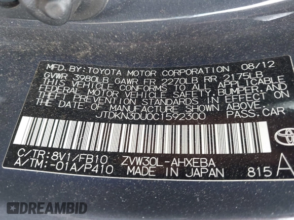 2012 Toyota Prius One z VIN JTDKN3DU0C1592300, wystawiony jako IAAI lot #42225324 z przebiegiem 171 746 mil mil oraz . Historia ofert i sprzedaży dostępna na DreamBid. Obrazek 9.