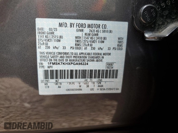 2023 Ford Explorer ST-Line with VIN 1FMSK7KHXPGA98224, listed as a Copart auction lot 52722685 with 32,773 mi miles and Salvage Title. Bid and sale history available at carsss.com. Image 13.