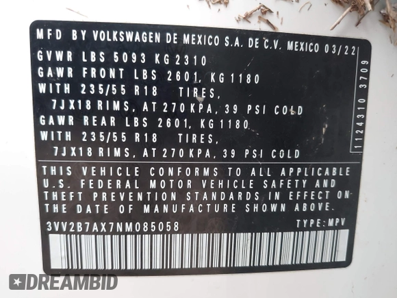 2022 Volkswagen Tiguan SE с VIN 3VV2B7AX7NM085058, выставлен на аукционе IAAI как лот 42135479 с пробегом 45 636 миль миль и . История ставок и продаж доступна на DreamBid. Изображение 9.