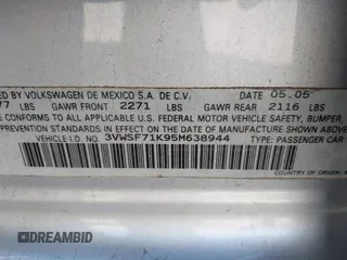 2005 Volkswagen Jetta 2.5L with VIN 3VWSF71K95M638944, listed as a IAAI auction lot 41733119 with 249,370 mi miles and . Bid and sale history available at DreamBid. Image 9.