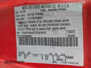 2000 Ford Mustang with VIN 1FAFP4043YF269401, listed as a IAAI auction lot 42029339 with 162,081 mi miles. Bid and sale history available at carsss.com. Image 9.