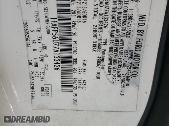 2007 Ford Taurus SEL with VIN 1FAFP56U77A133426, listed as a Copart auction lot 51205465 with Not Provided miles and Salvage Title. Bid and sale history available at DreamBid. Image 12.