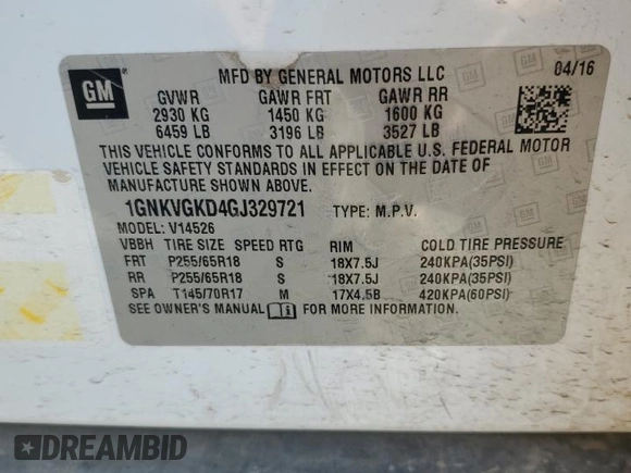 2016 Chevrolet Traverse LT with VIN 1GNKVGKD4GJ329721, listed as a Copart auction lot 46323155 with 151,393 mi miles and Salvage Title. Bid and sale history available at DreamBid. Image 13.