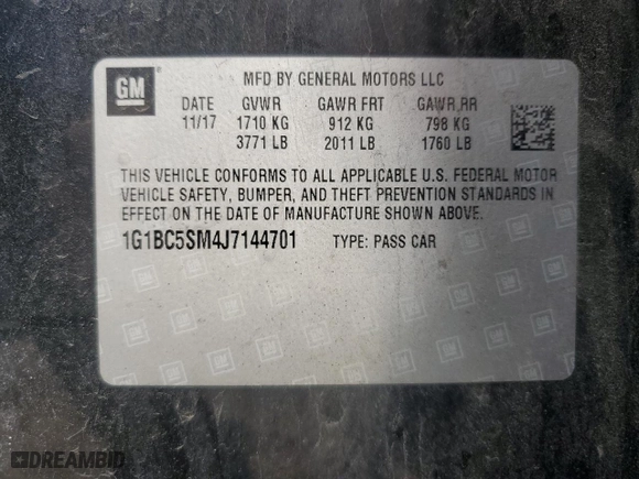 2018 Chevrolet Cruze LS with VIN 1G1BC5SM4J7144701, listed as a Copart auction lot 48501325 with 120,806 mi miles and Clean Title. Bid and sale history available at carsss.com. Image 13.