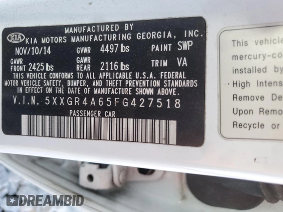 2015 Kia Optima SXL Turbo with VIN 5XXGR4A65FG427518, listed as a Copart auction lot 53642715 with 96,384 mi miles and Salvage Title. Bid and sale history available at DreamBid. Image 12.