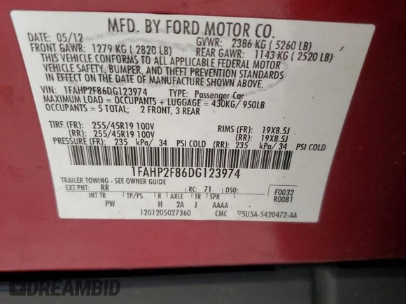 2013 Ford Taurus Limited z VIN 1FAHP2F86DG123974, wystawiony jako Copart lot #54667405 z przebiegiem 121 964 mil mil oraz Szkoda całkowita • Salvage title. Historia ofert i sprzedaży dostępna na DreamBid. Obrazek 12.