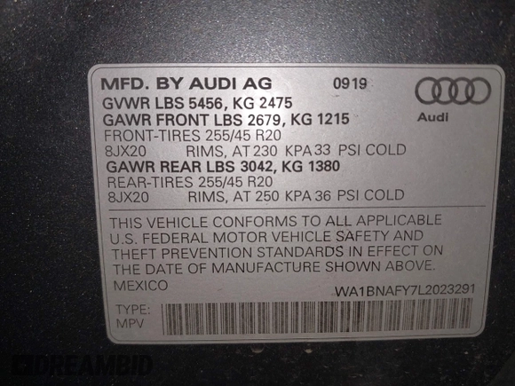2020 Audi Q5 Premium Plus with VIN WA1BNAFY7L2023291, listed as a IAAI auction lot 41514012 with 61,601 mi miles. Bid and sale history available at carsss.com. Image 9.