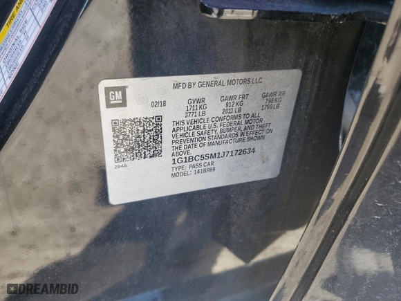 2018 Chevrolet Cruze LS with VIN 1G1BC5SM1J7172634, listed as a Copart auction lot 42093475 with 56,911 mi miles and Salvage Title. Bid and sale history available at carsss.com. Image 12.