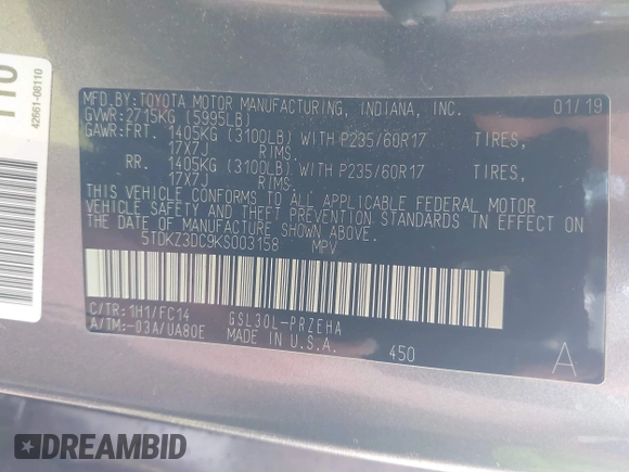 2019 Toyota Sienna LE Auto Access Seat with VIN 5TDKZ3DC9KS003158, listed as a IAAI auction lot 41661747 with 129,860 mi miles and . Bid and sale history available at DreamBid. Image 9.
